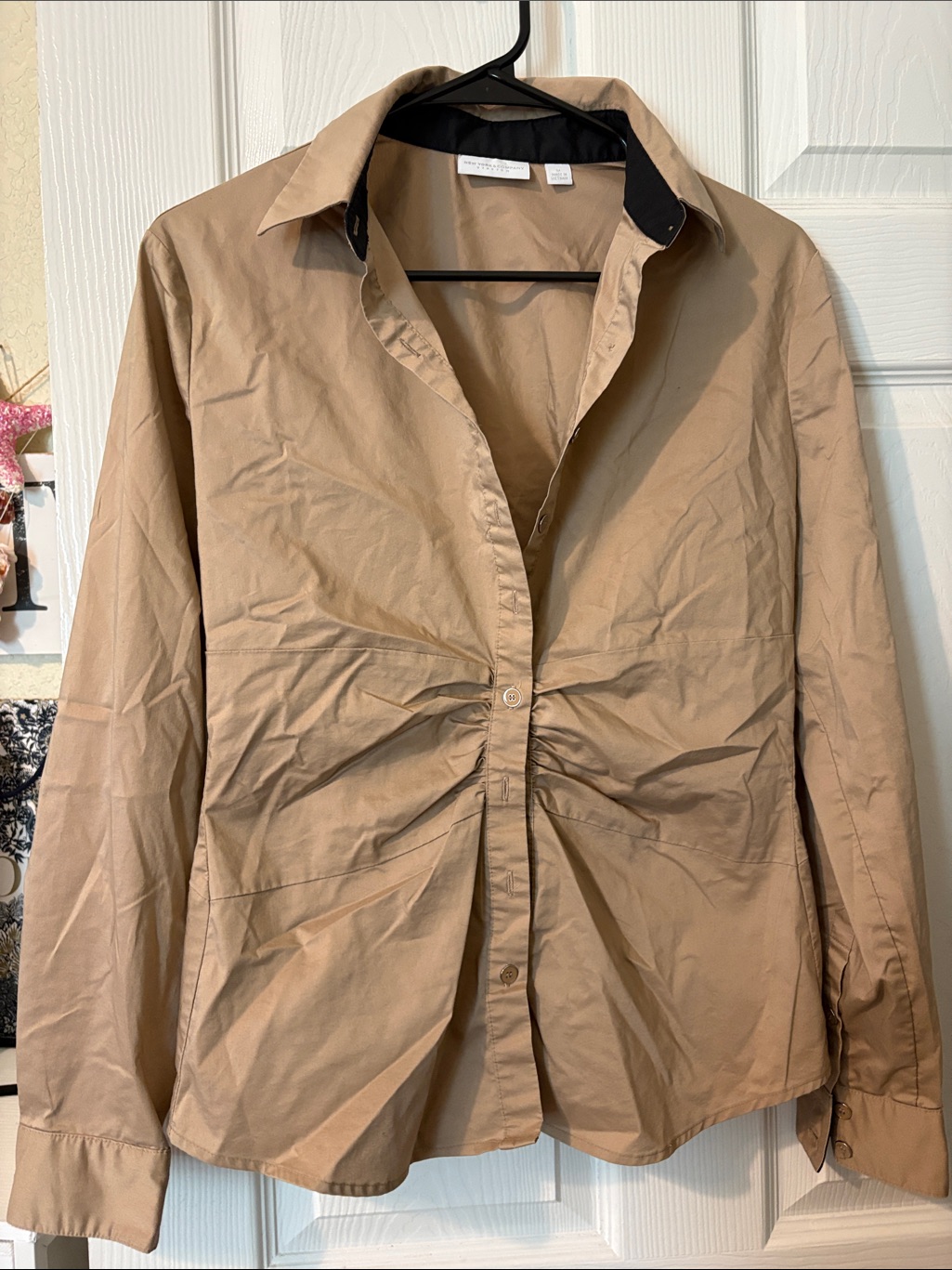New York & Company Tan Ruched Button-Down Shirt